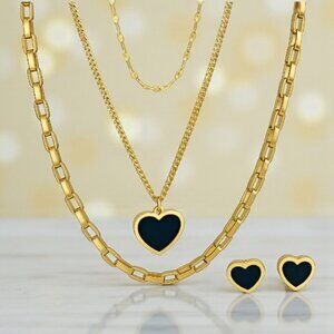 🆕️Elegant 18K Gold Plated Triple Layer Necklace & Heart Earrings Trendy Set ✨
